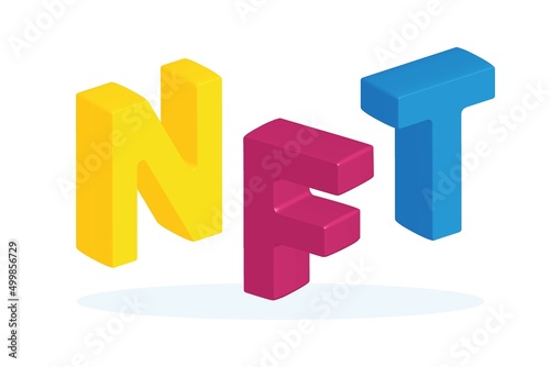 NFT short for non fungible token words. Word NFT. 3d vector icon, minimal style. Vector isolated sign on white background.