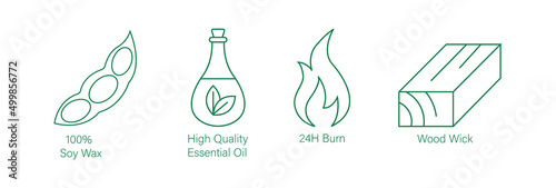 100% soy wax, high-quality essential oil, 24hour burn, wood wick, candles icon set vector illustration 