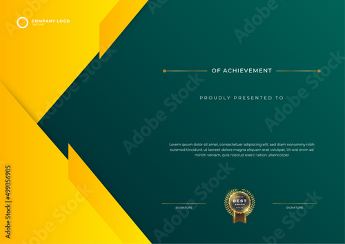 Modern green certificate template and border, for award, diploma, and printing. Black and gold elegant certificate of achievement template with gold badge and border