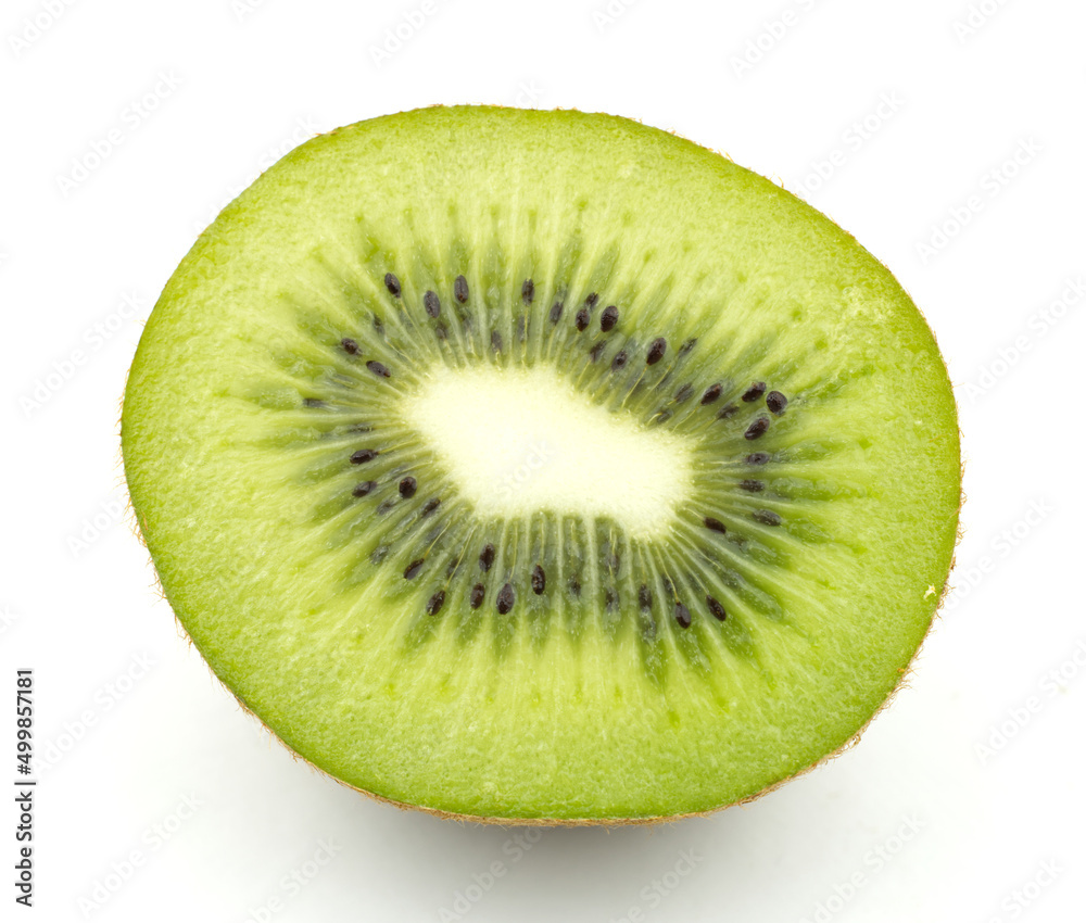 Closeup of ripe kiwi cut half with cross section isolated on white background clipping path Closeup of ripe kiwi cut half with cross section isolated on white background clipping path