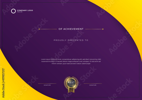 Modern purple certificate template and border, for award, diploma, and printing. Black and gold elegant certificate of achievement template with gold badge and border