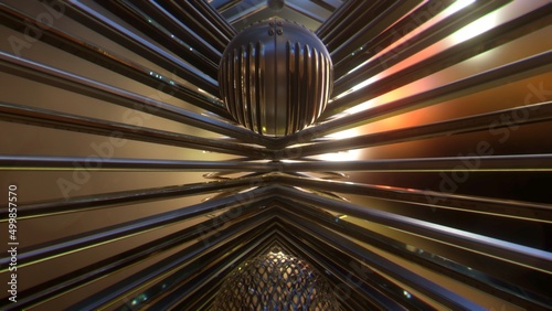 Fototapeta Naklejka Na Ścianę i Meble -  Rotazione di quadri inclinati oro ed argento con sfere in metallo vario

