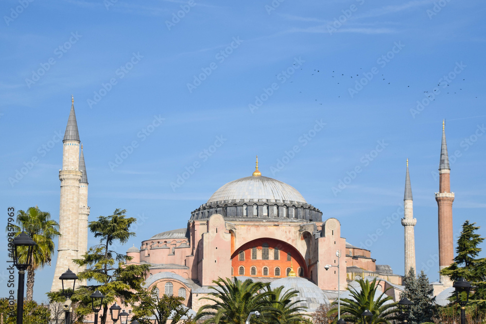 Facade and outside of Hagia sophia (aya sofya) mosque and minarets in Istanbul, Turkey