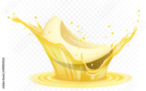Honeydew Melon. Fresh sweet melon fruit with realistic yellow juice splash. Melon beverage or flavor. Realistic vector 3d isolated illustration