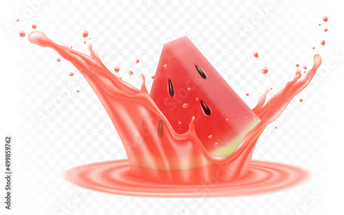 Watermelon in a splash of juice. slice of watermelon in a splash of juice with drops. 3d realistic transparent isolated vector.