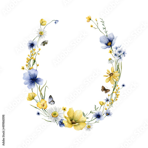 Watercolor floral wreath with summer  wildflowers and butterfliese. Greeting  template for you design. Romantic watercolor illustration.