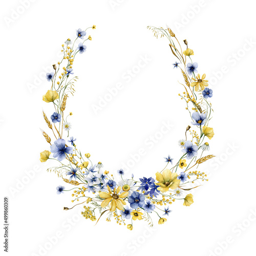 Watercolor floral wreath with summer  wildflowers and butterfliese. Greeting  template for you design. Romantic watercolor illustration.