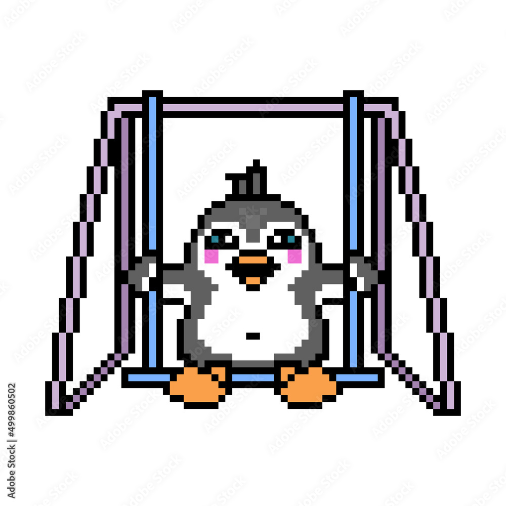 Happy penguin kid on a swing, cute pixel art animal character isolated on white background. Old school retro 80s, 90s 8 bit slot machine, computer, video game graphics. Cartoon antarctica bird mascot. Happy penguin kid on a swing, cute pixel art animal character isolated on white background. Old school retro 80s, 90s 8 bit slot machine, computer, video game graphics. Cartoon antarctica bird mascot.