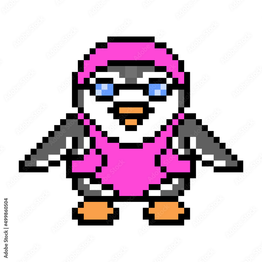 Penguin in a pink swimsuit, pool cap and goggles, cute pixel art animal character isolated on white background. Old school 80s, 90s 8 bit slot machine, video game graphics. Water sport training mascot Penguin in a pink swimsuit, pool cap and goggles, cute pixel art animal character isolated on white background. Old school 80s, 90s 8 bit slot machine, video game graphics. Water sport training mascot