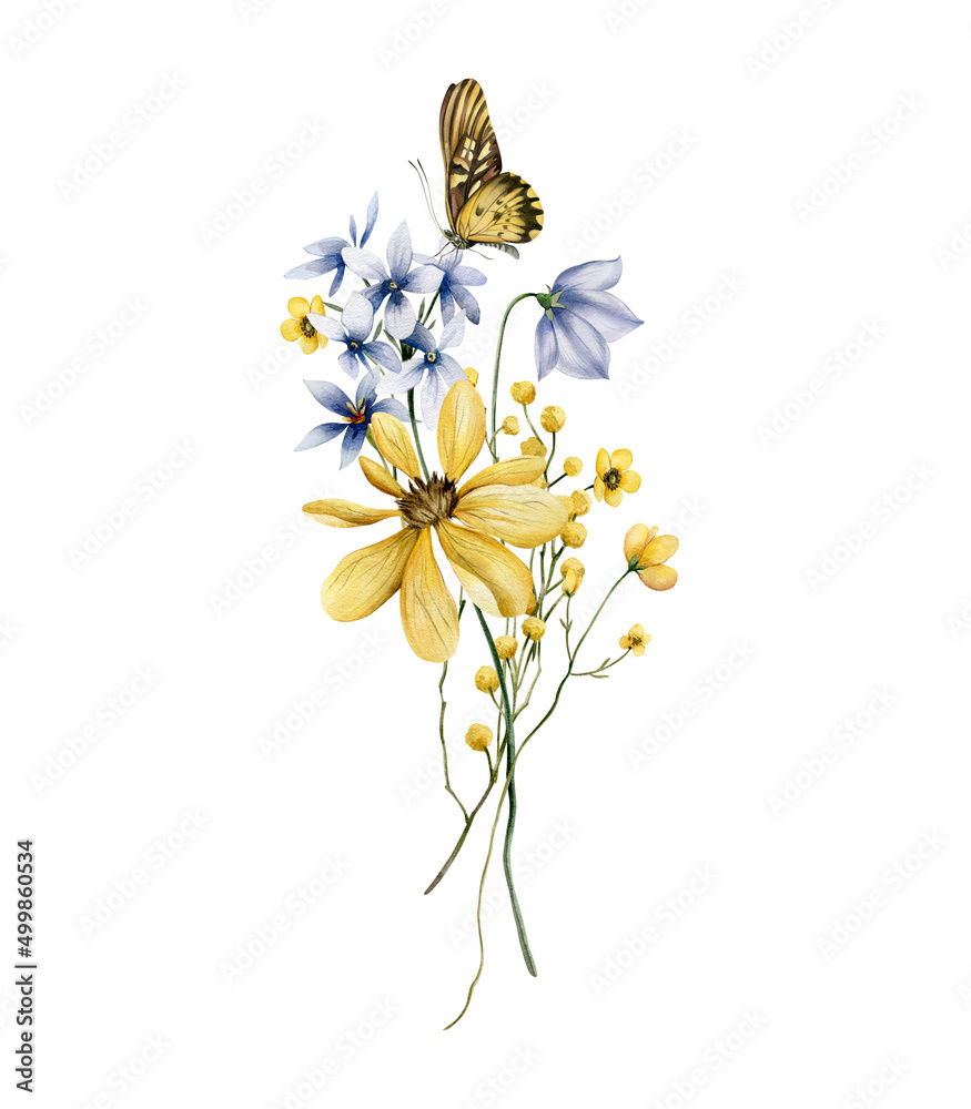 Watercolor bouquet of summer wildflowers. Festive illustration with wild flowers and butterflies for printing or your design. Support and peace for Ukraine.