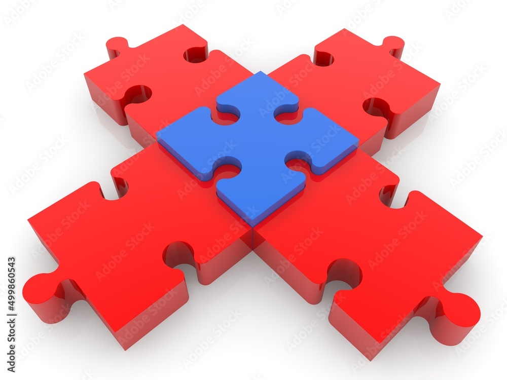 A red puzzle is connected to each other with a blue puzzle piece A red puzzle is connected to each other with a blue puzzle piece