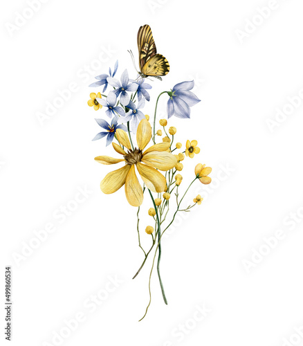 Watercolor bouquet of summer wildflowers. Festive illustration with wild flowers and butterflies for printing or your design. Support and peace for Ukraine.