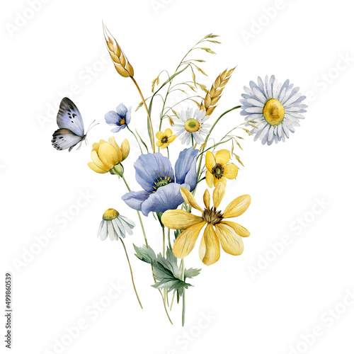 Watercolor bouquet of Ukrainian summer wildflowers. Festive illustration with wild flowers and butterflies for printing or your design. Support and peace for Ukraine.