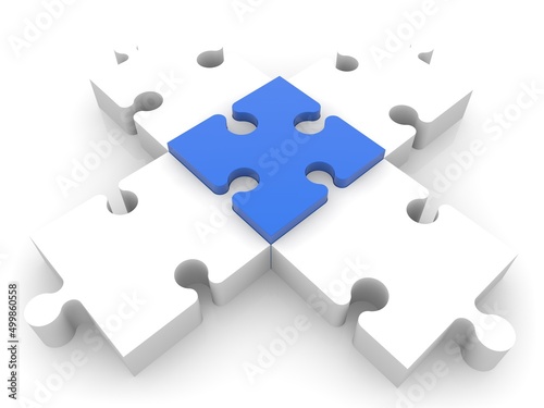 White puzzle is connected to each other with a blue puzzle piece