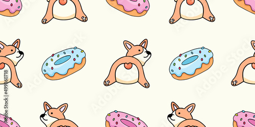 Cute cartoon puppy corgi and donuts, vector seamless pattern in the style of doodles, hand-drawn