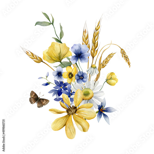 Watercolor bouquet of Ukrainian summer wildflowers. Festive illustration with wild flowers and butterflies for printing or your design. Support and peace for Ukraine.