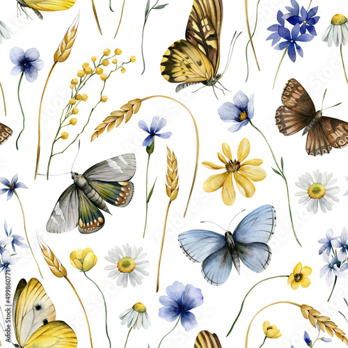 Watercolor seamless pattern with wildflowers and butterfliese. Repeating background with elements of watercolor flowers for wrapping paper or textiles.