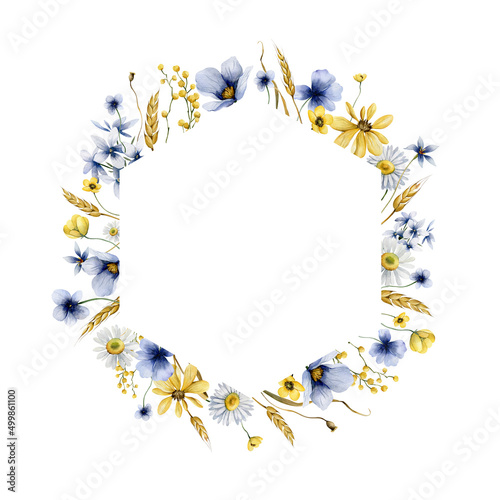 Watercolor floral frame with summer  wildflowers. Greeting  template for you design. Romantic watercolor illustration.