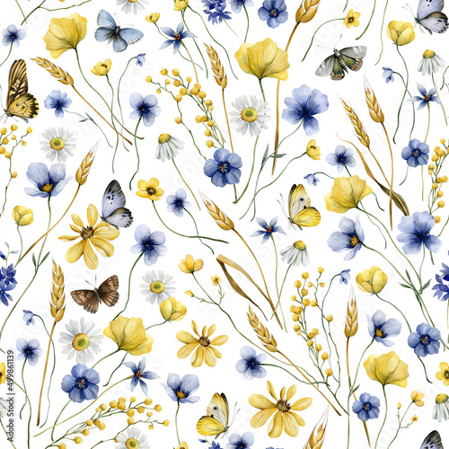 Watercolor seamless pattern with wildflowers and butterfliese. Repeating background with elements of watercolor flowers for wrapping paper or textiles.