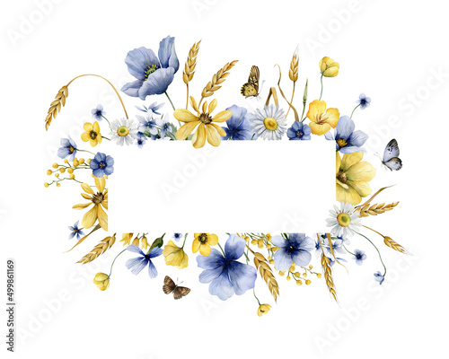 Watercolor floral frame with summer  wildflowers. Greeting  template for you design. Romantic watercolor illustration.