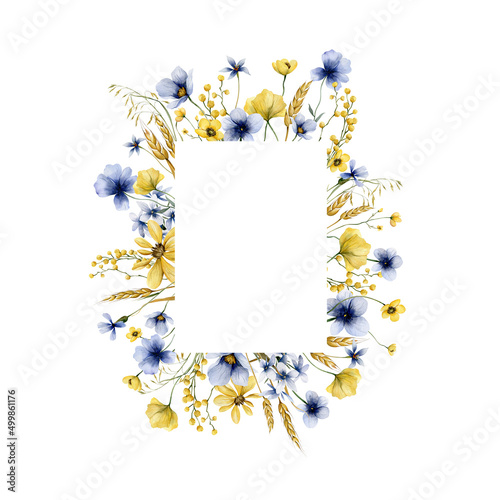 Watercolor floral frame with summer  wildflowers. Greeting  template for you design. Romantic watercolor illustration.