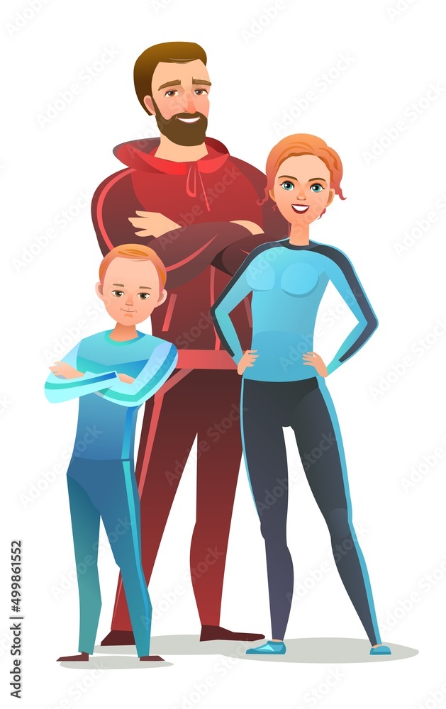 Fototapeta premium Man and woman and son in tracksuit. Got ready for sports activities. Cheerful person. Standing pose. Cartoon style. Single character. Illustration isolated on white background. Vector