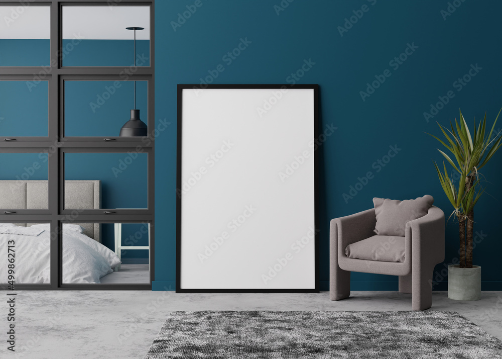 Obraz premium Empty vertical picture frame standing on concrete floor in modern bedroom. Mock up interior in contemporary, loft style. Free space for picture. Plant, armchair. 3D rendering.