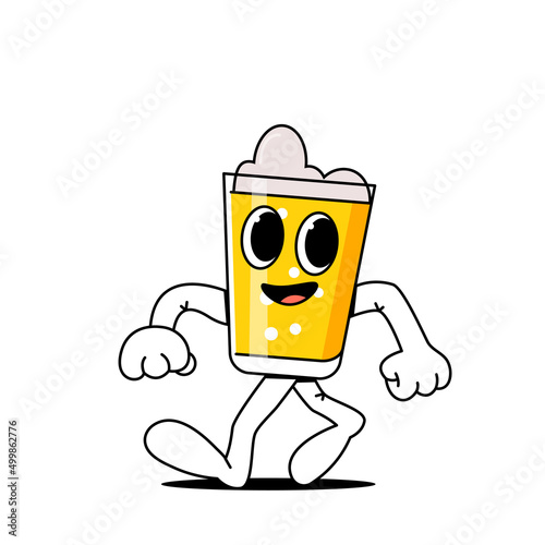 A cartoon glass of beer is walking merrily and waving its arms. Mug character with beer. Stock vector illustration of alcoholic drinks. Isolated white background.