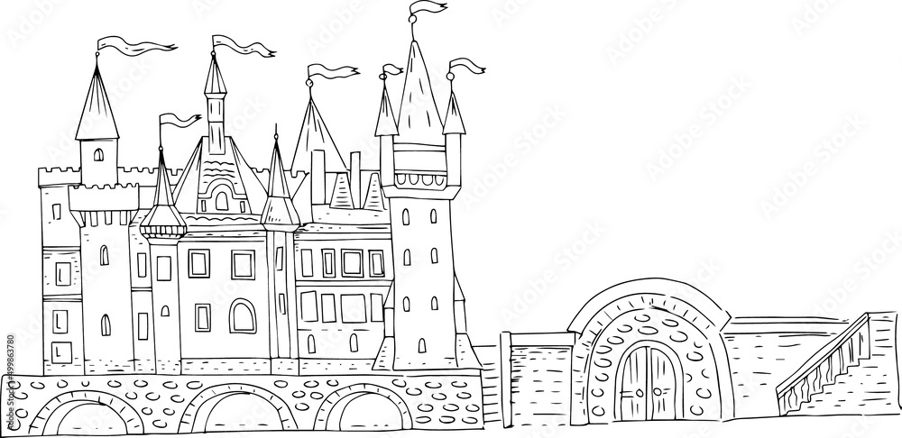 Castle palace ancient historical architecture graphic illustration hand drawn separately elements on white background medieval buildings houses mill village city coloring book for children
