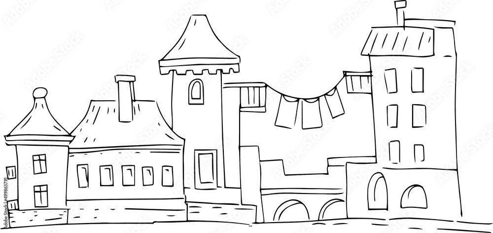 Castle palace ancient historical architecture graphic illustration hand drawn separately elements on white background medieval buildings houses mill village city coloring book for children