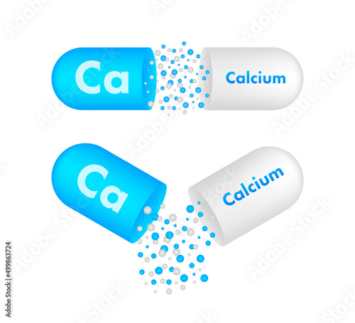 Blue calcium on white background. Calcium mineral. Ca pill capsule. Vector stock illustration.
