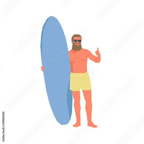 Male surfer holding surf board simple flat vector character illustration.