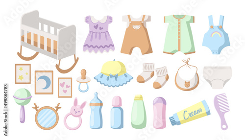 Newborn baby clothes and furniture cartoon illustration set. Collection of girls dress, socks, bib, soother, comb, toys, bodysuit, crib or baby bed. Childhood, maternity, greeting, birthday concept photo