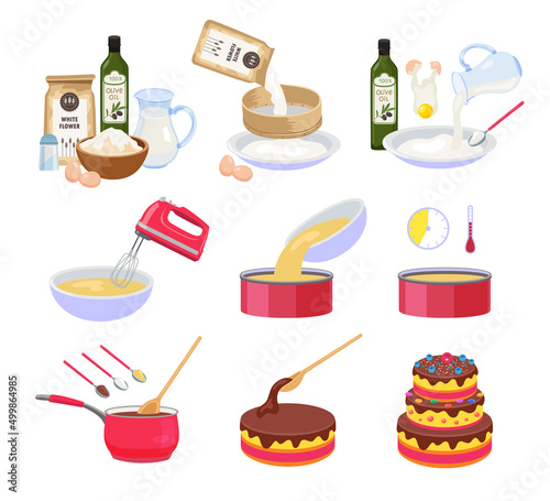 Cake preparation steps cartoon illustration set. Mixing ingredients for dough, baking pastries. Birthday chocolate frosted cake. Dessert recipe, instruction for cooking pie concept
