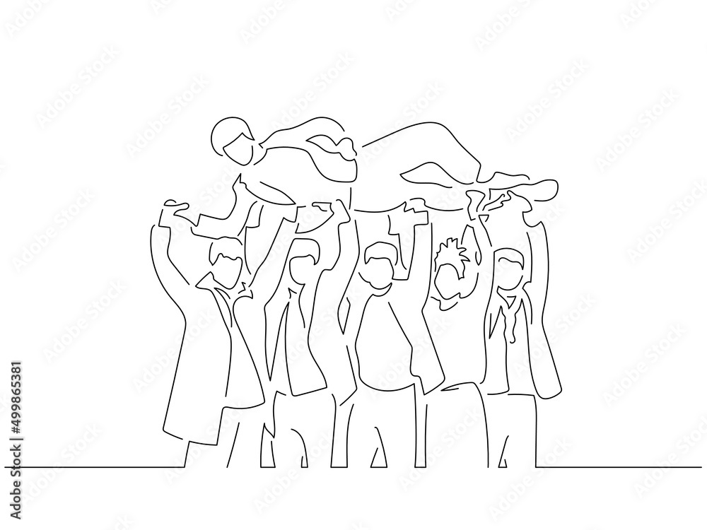 Happy friends in line art drawing style. Composition of a group of business people. Black linear sketch isolated on white background. Vector illustration design.