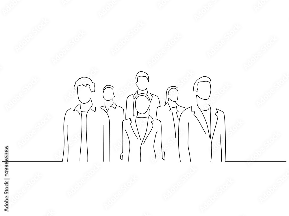Happy teamwork in line art drawing style. Composition of a group of casual people. Black linear sketch isolated on white background. Vector illustration design. Happy teamwork in line art drawing style. Composition of a group of casual people. Black linear sketch isolated on white background. Vector illustration design.