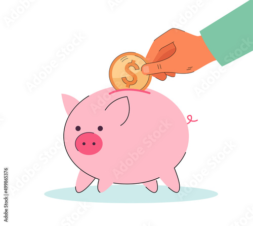 Hand putting coin in the moneybox in shape of pig. Person saving money by putting gold coins in piggybank flat vector illustration. Savings, finances, banking concept for banner or landing web page