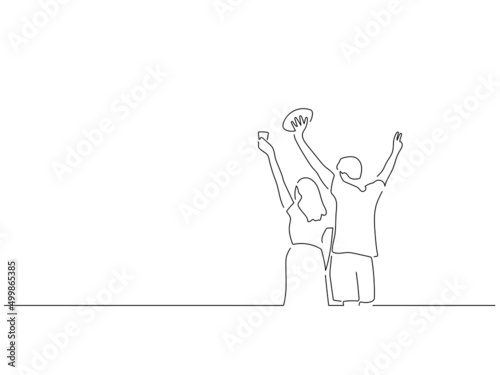 Happy friends in line art drawing style. Sport celebration of a group of young people. Black linear sketch isolated on white background. Vector illustration design.
