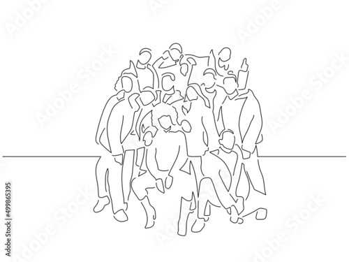 Happy friends in line art drawing style. Composition of a group of casual people. Black linear sketch isolated on white background. Vector illustration design.