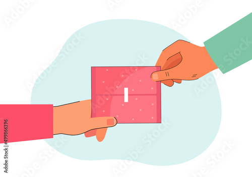 Hands holding feminine pad packaging. Girl giving sanitary napkin to friend flat vector illustration. Hygiene, menstruation, health concept for banner, website design or landing web page