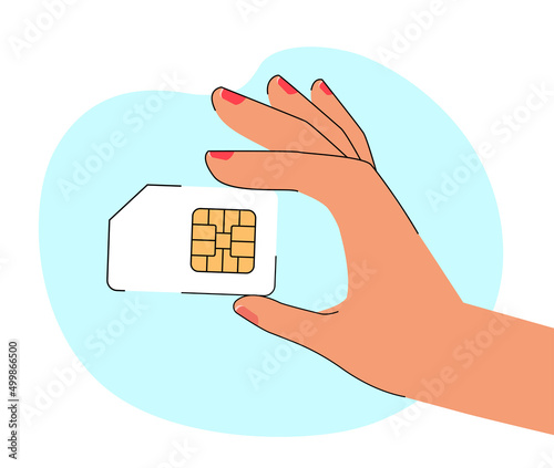 Hand holding SIM card. Person with chip for smartphone, for phone calls and internet flat vector illustration. Technology, cellular communication concept for banner, website design or landing web page