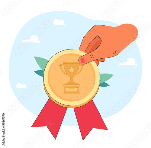 Hand holding gold medal with ribbon as reward. Person winning sports competition or contest flat vector illustration. Victory, success, achievement concept for banner, website design or landing page