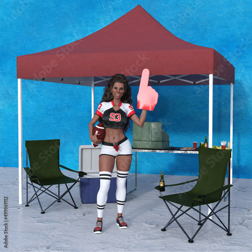 3D illustration computer rendering of Kiara, a character tailgating in a parking lot with her foam finger, football, and camp set as she wears a football jersey rooting for the home team!  photo