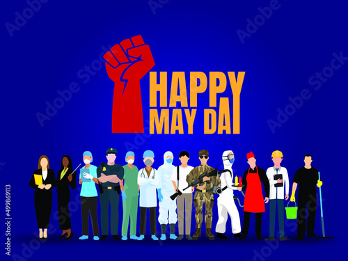 Happy Mayday customizes logo name with Different professional worker characters, Vector illustrations. 1st May, International Labor Day Set people characters. Thank you to all workers.