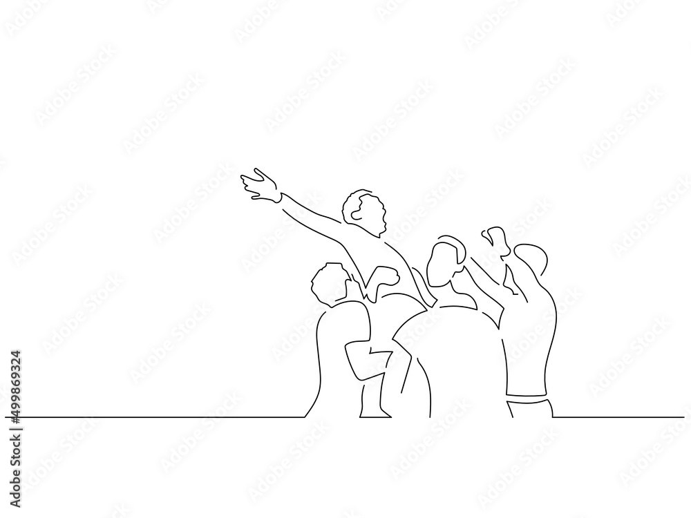 Happy teammates in line art drawing style. Sport celebration of a group of young people. Black linear sketch isolated on white background. Vector illustration design. Happy teammates in line art drawing style. Sport celebration of a group of young people. Black linear sketch isolated on white background. Vector illustration design.