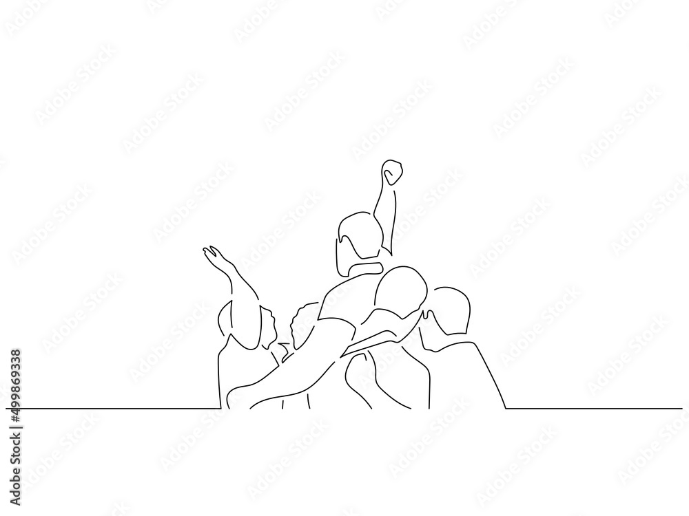 Happy teammates in line art drawing style. Sport celebration of a group of young people. Black linear sketch isolated on white background. Vector illustration design.