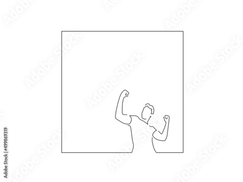 Happy teammates in line art drawing style. Sport celebration of a group of young people. Black linear sketch isolated on white background. Vector illustration design.