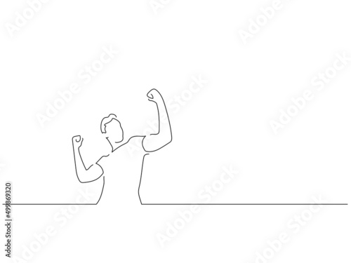 Happy teammates in line art drawing style. Sport celebration of a group of young people. Black linear sketch isolated on white background. Vector illustration design.