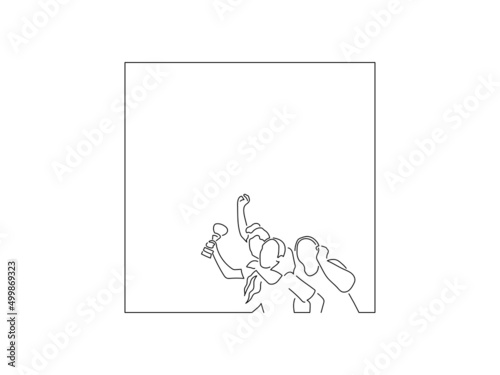 Happy teammates in line art drawing style. Sport celebration of a group of young people. Black linear sketch isolated on white background. Vector illustration design.