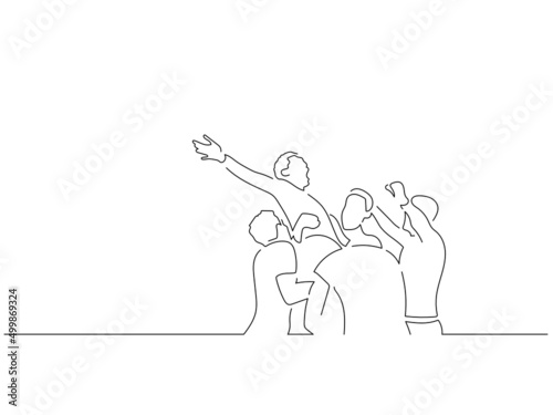 Happy teammates in line art drawing style. Sport celebration of a group of young people. Black linear sketch isolated on white background. Vector illustration design.